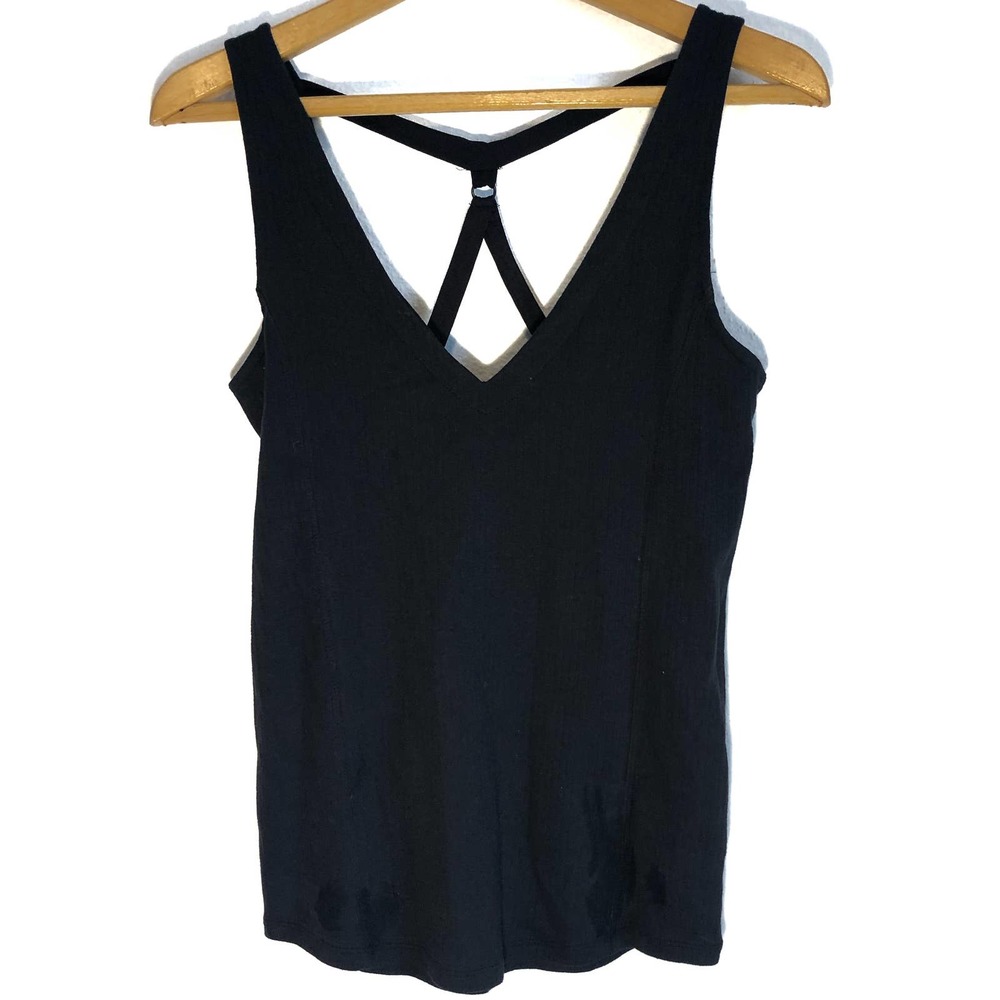 Free People black V neck tank top w/ strappy back. Size Medium.